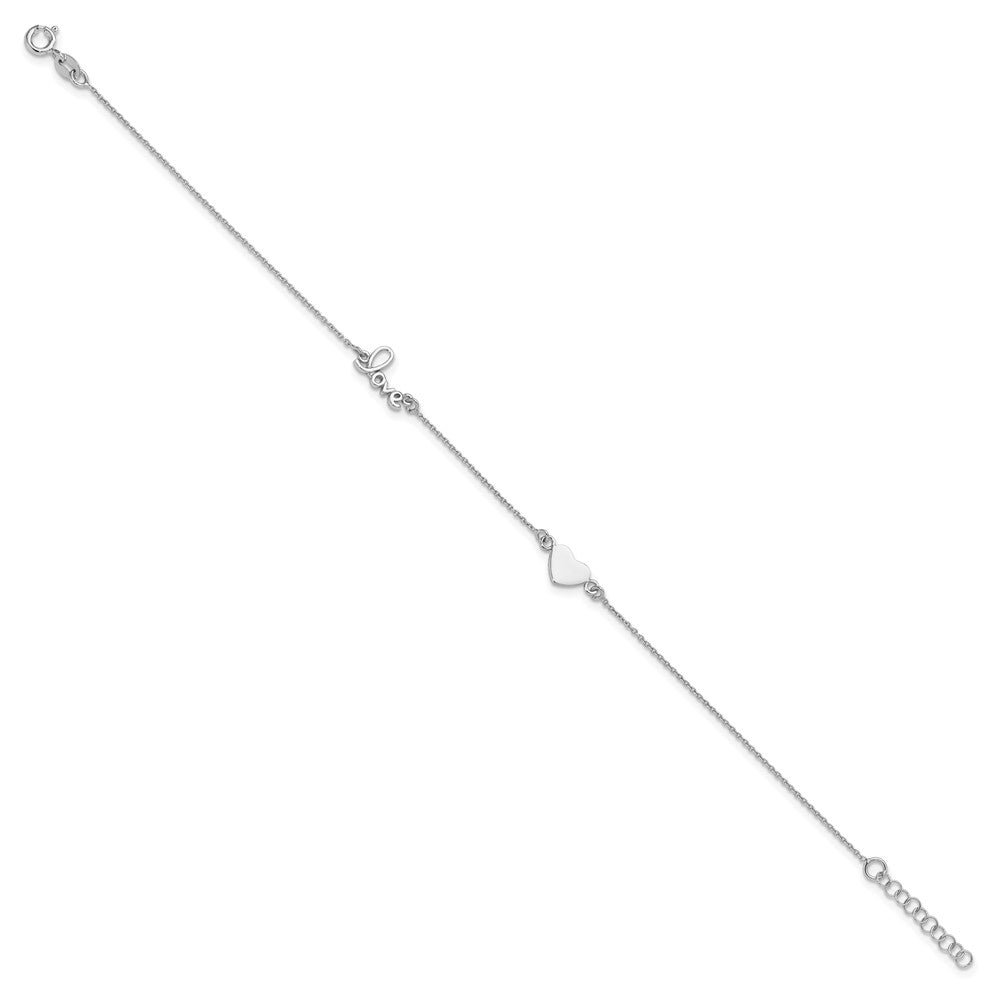 Sterling Silver Rhodium-plated Heart and LOVE 9in Plus 1in ext. Anklet 9 inches
