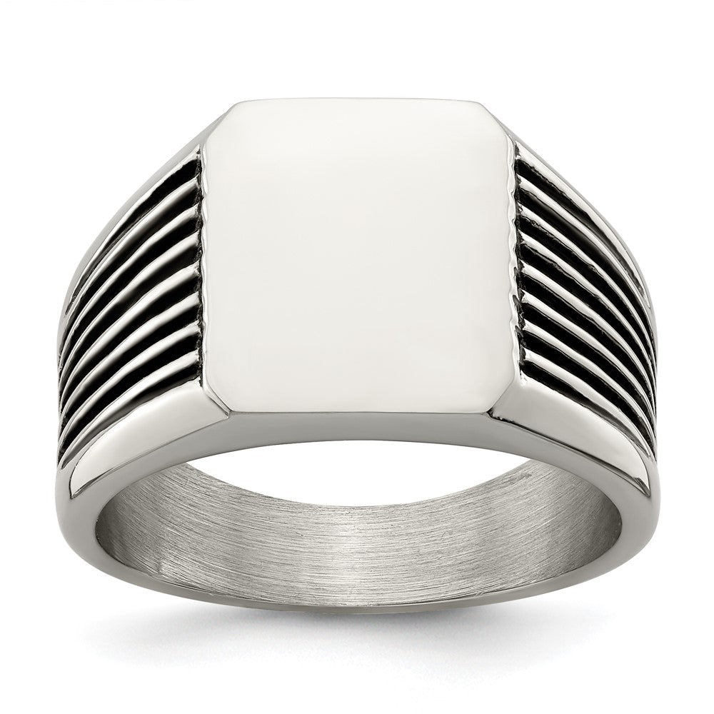 Stainless Steel Polished with Black Enamel Signet Ring Size - 11