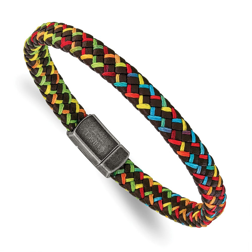 Stainless Steel Antiqued Brown Leather with Multi-colored Nylon Bracelet 8.25 inches