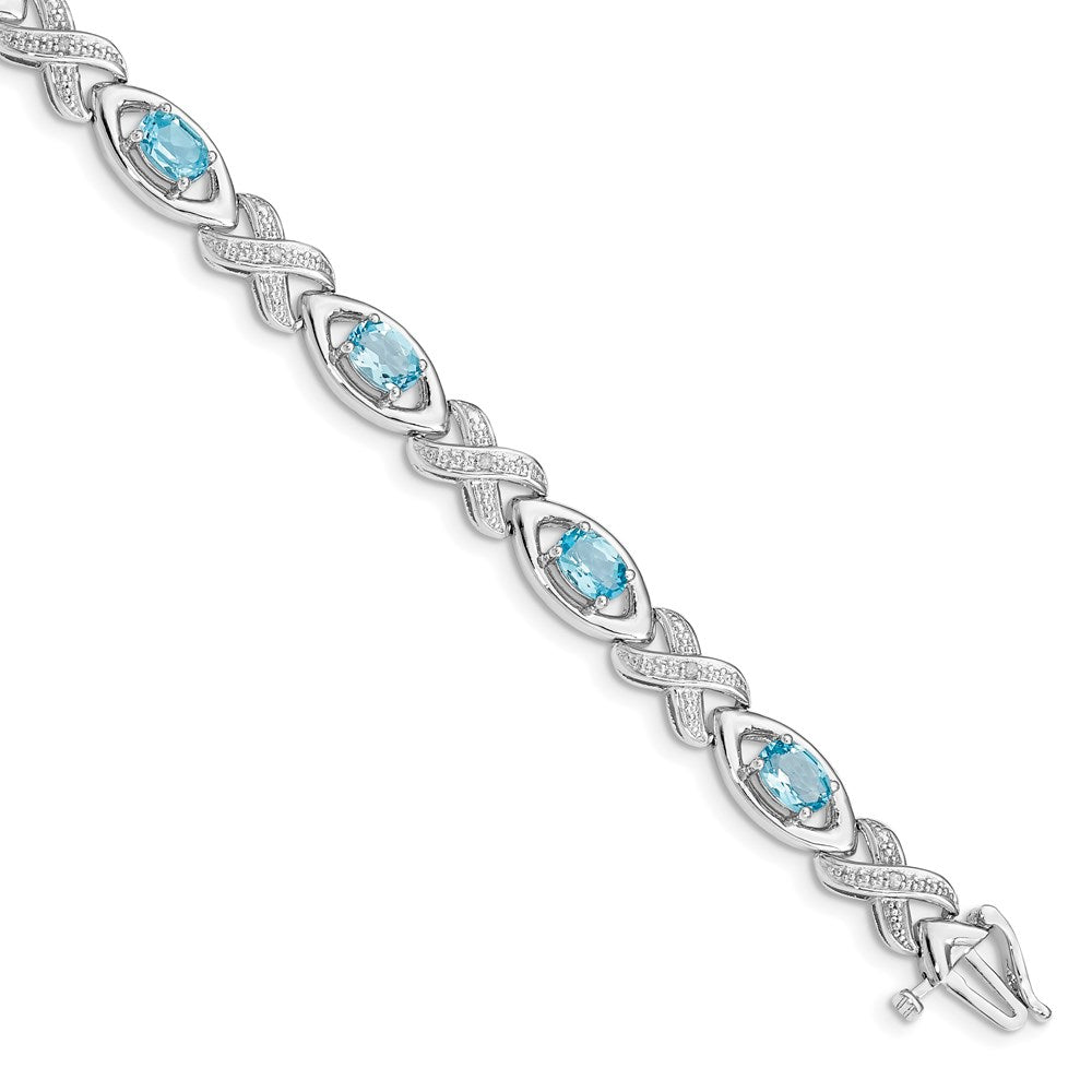 Sterling Silver Rhodium-plated Diamond & Light Swiss Blue Topaz Bracelet 7 inches
