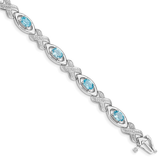 Sterling Silver Rhodium-plated Diamond & Light Swiss Blue Topaz Bracelet 7 inches