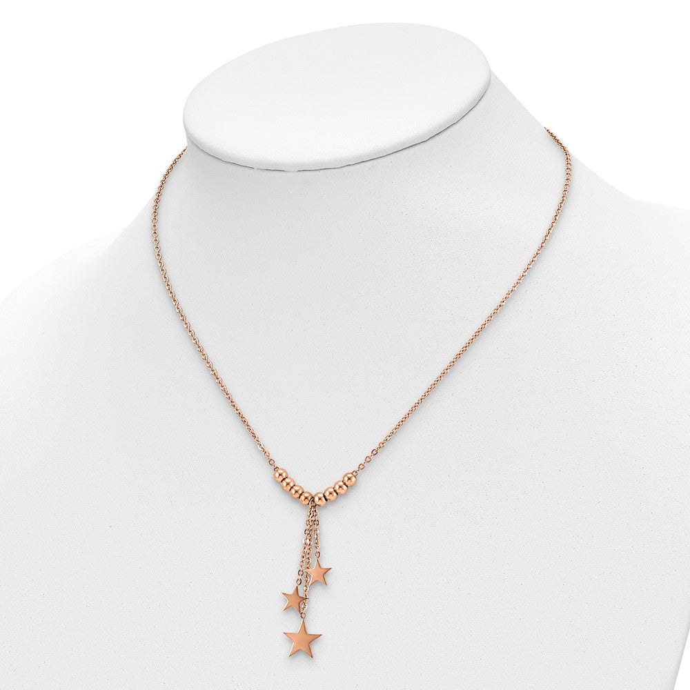 Stainless Steel Polished Rose IP-plated Stars 16in w/1.75in ext Necklace