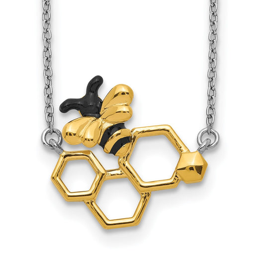 Sterling Silver RH-plated Gold-tone Enamel Bee w/2 in ext Necklace 16 Inches