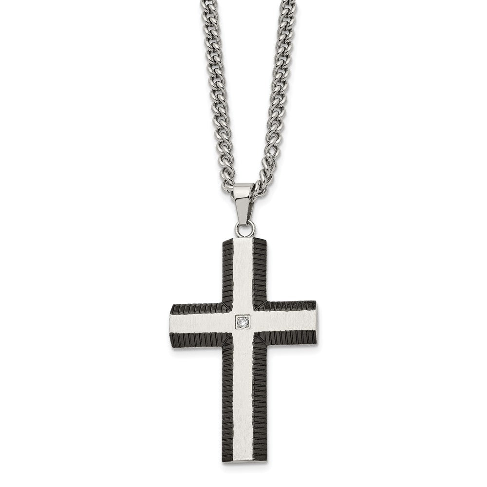 Stainless Steel Brushed and Polished Black IP w/CZ Cross Necklace