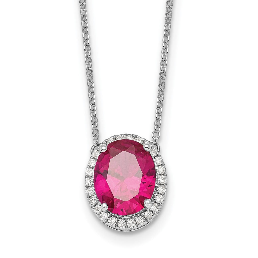 14k White Gold Oval Created Ruby/Diamond 18in. Halo Necklace