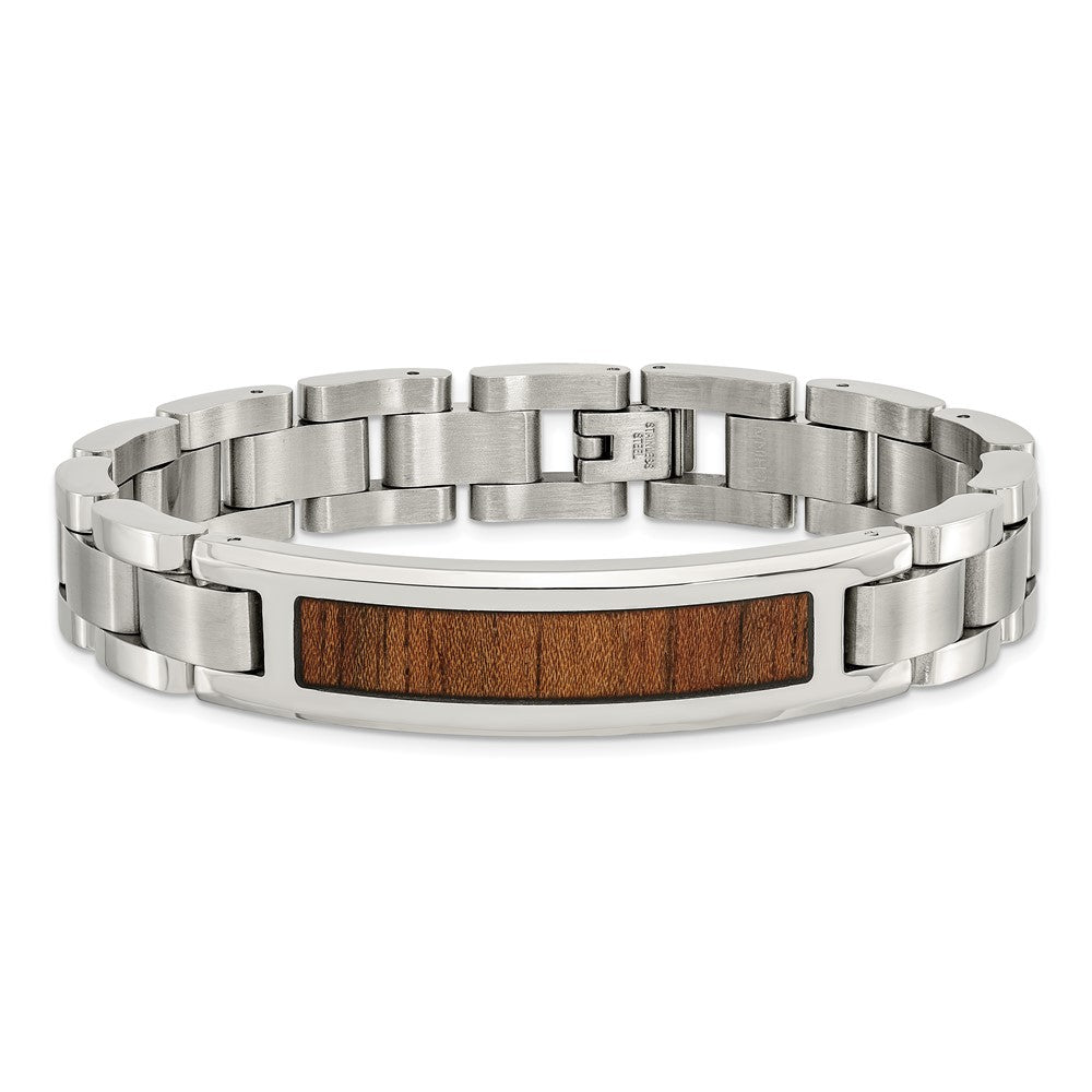Stainless Steel Brushed & Polished Enameled w/Koa Wood Inlay Bracelet 8.5 inches