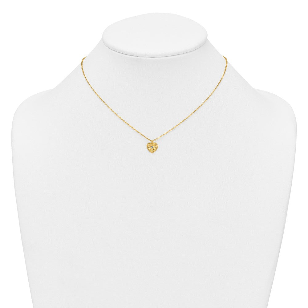 Sterling Silver Gold-tone Polished Beaded and Textured CZ Heart 16 Inch with 2 Inch Extension Necklace 16 Inches