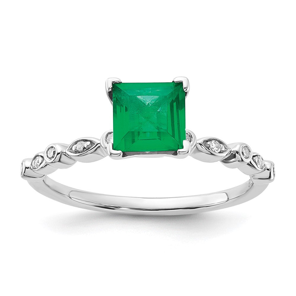 Sterling Silver Polished 6mm Cr Emerald and Diamond Ring