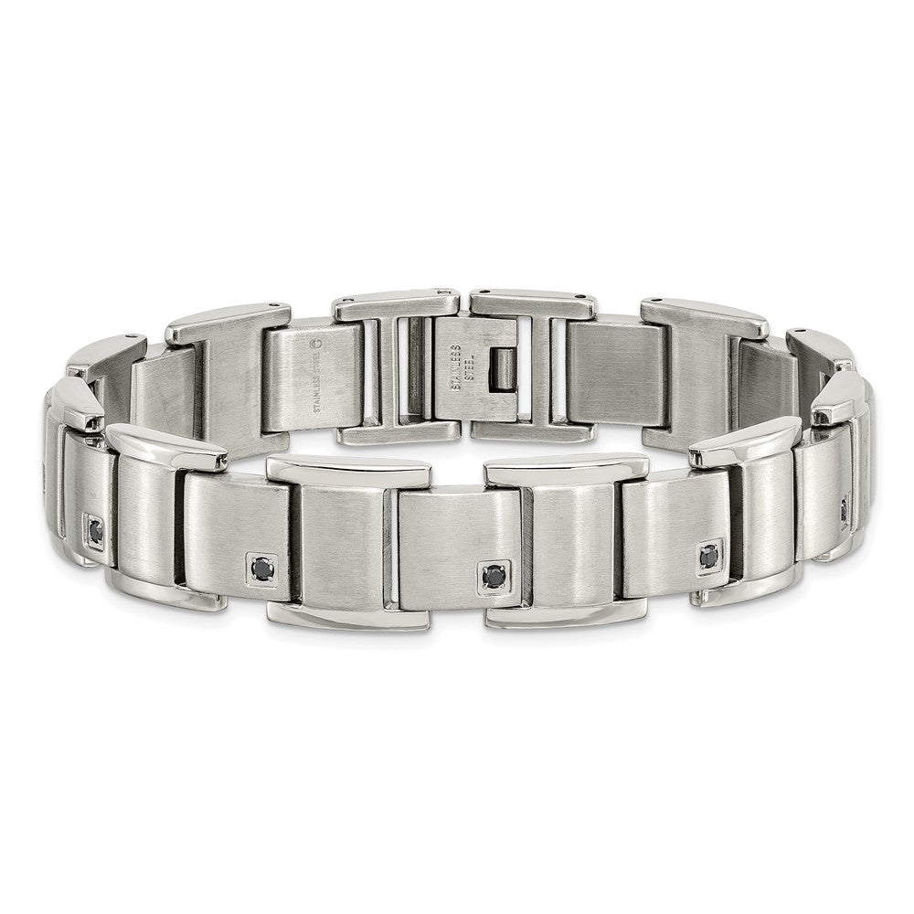 Stainless Steel Brushed and Polished with Black Diamonds 8.5in Bracelet 8.5 inches