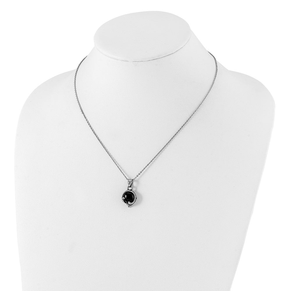 Stainless Steel Antiqued and Polished w/ Black Glass Necklace