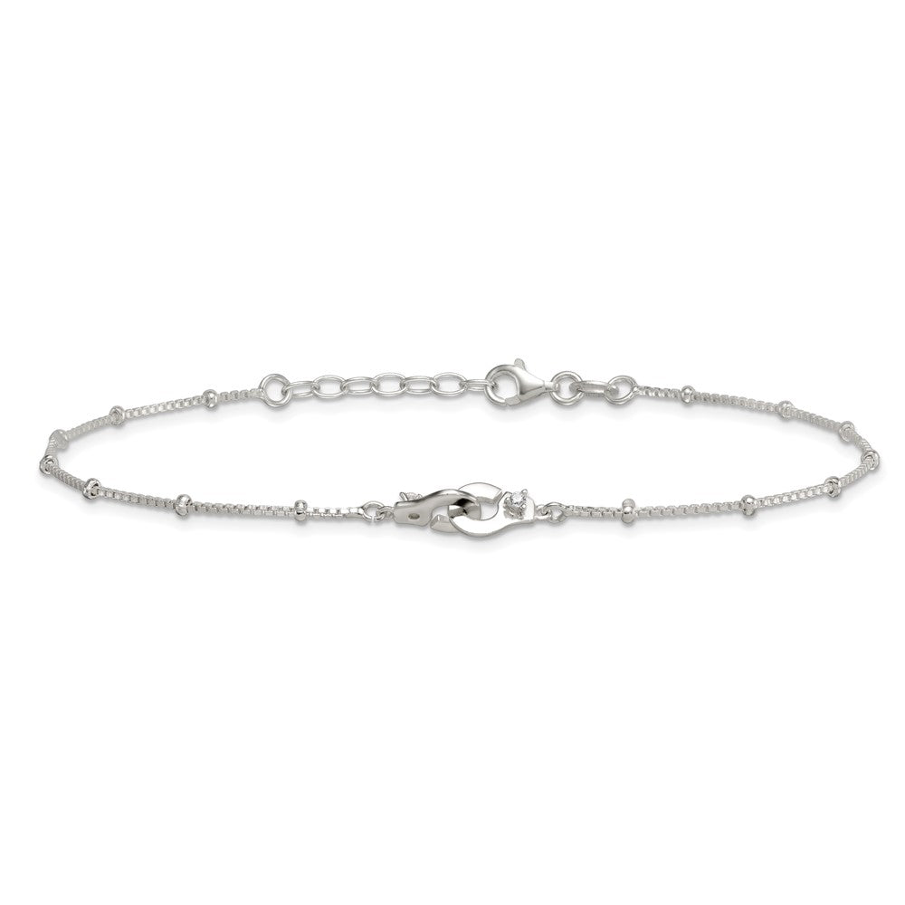 Sterling Silver Polished Beaded White CZ Interlinking Circles 9 inch with 1 inch Extension Anklet