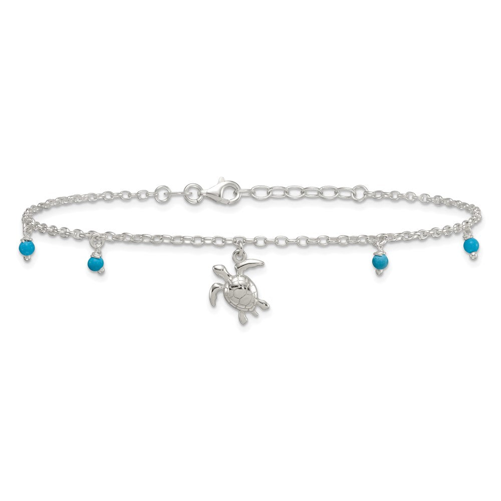 Sterling Silver Polished Turtle with Turquoise Beads 9 inch with 1 inch Extension Anklet