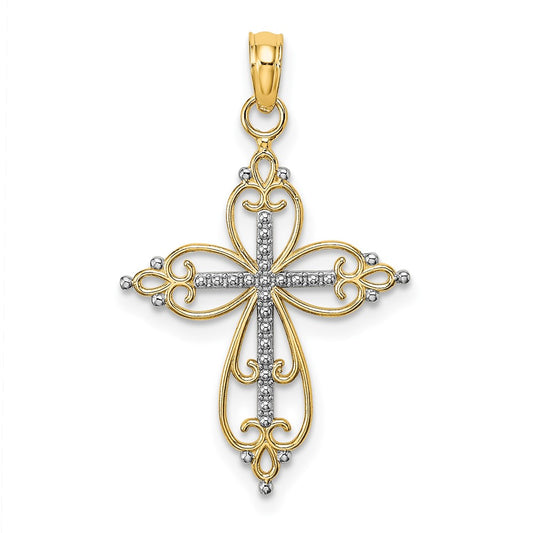 10K W/ Rhodium Beaded Cross Charm
