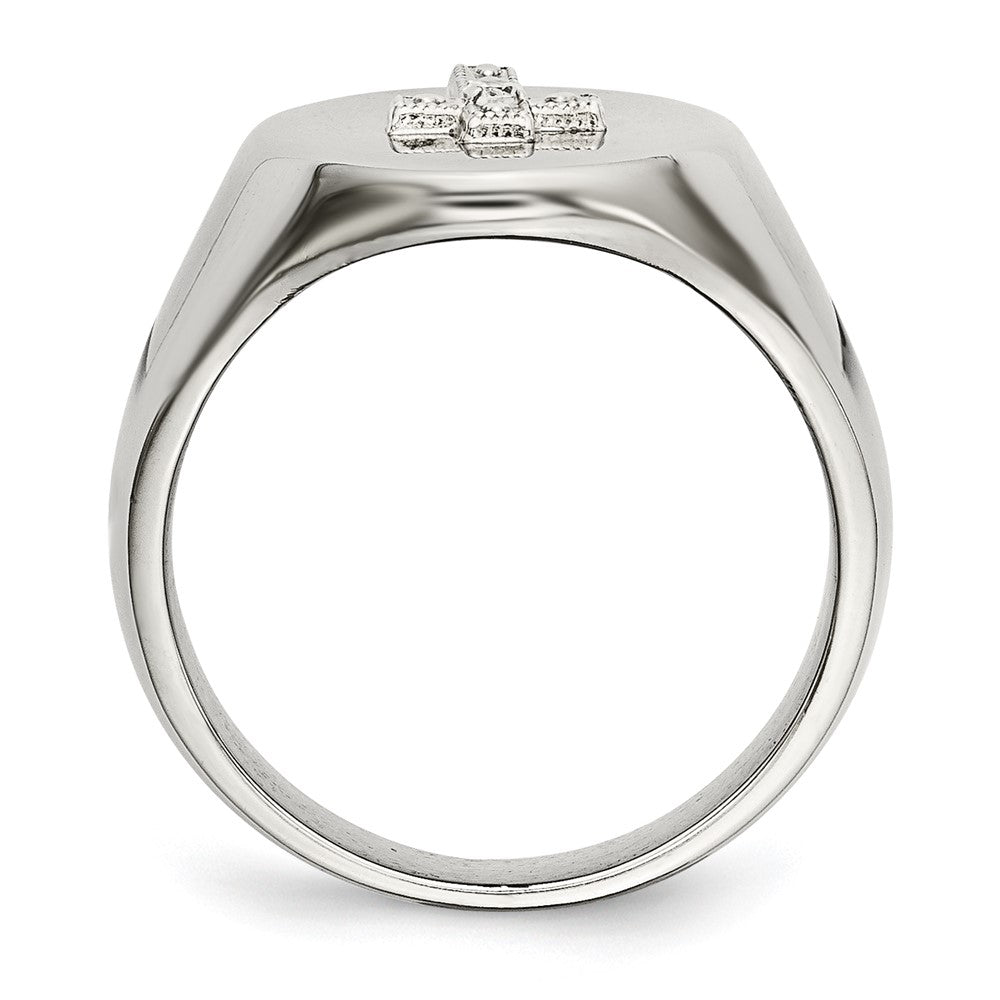 Stainless Steel Polished w/Sterling Silver Cross CZ Signet Ring Size - 10