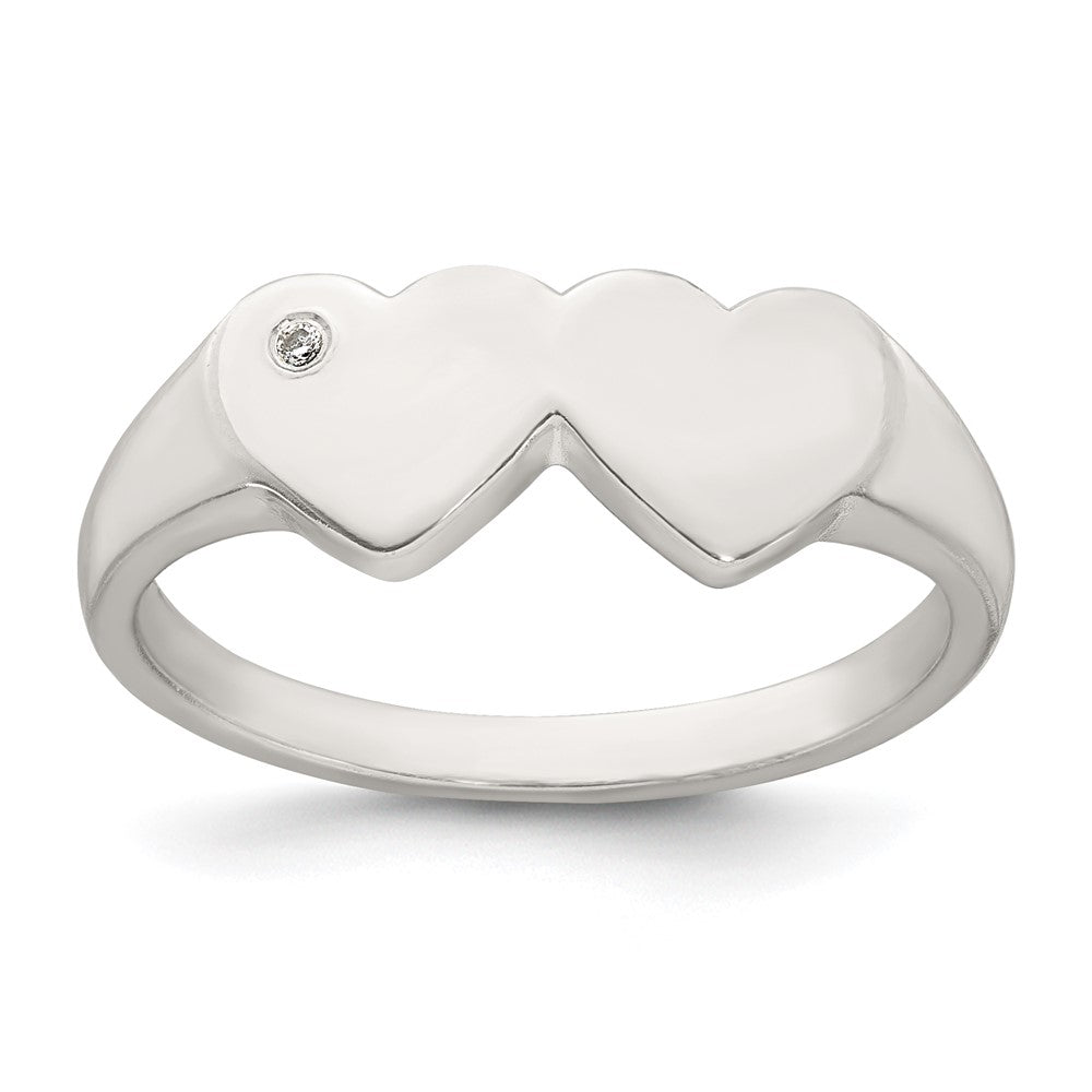 Sterling Silver Polished White CZ Double Heart Size 8 Signet Ring