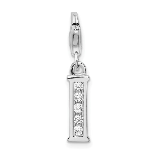 Amore La Vita Sterling Silver Rhodium-plated Polished CZ Letter I Initial Charm with Fancy Lobster Clasp
