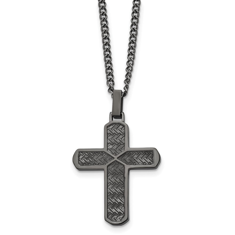 Stainless Steel Polished and Textured GunMetal IP Cross 22in Necklace
