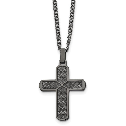 Stainless Steel Polished and Textured GunMetal IP Cross 22in Necklace