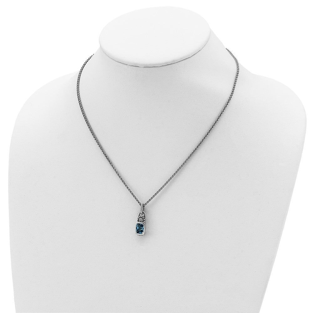 Shey Couture Sterling Silver 18 Inch Antiqued Cushion Bezel Sky Blue Topaz and Diamond Necklace 18 Inches