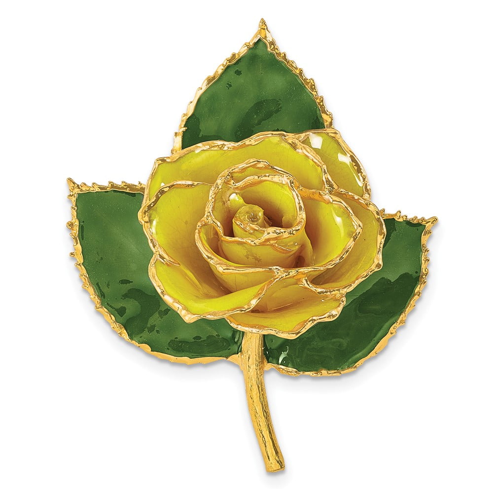 24k Gold-trim Lacquer Dipped Yellow Rose on Leaf Pin/Boutonniere QGM22700