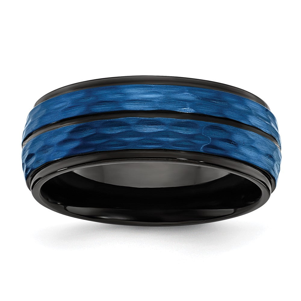 Stainless Steel Brushed and Polished Black/Blue IP-plated 8mm Band Size - 9