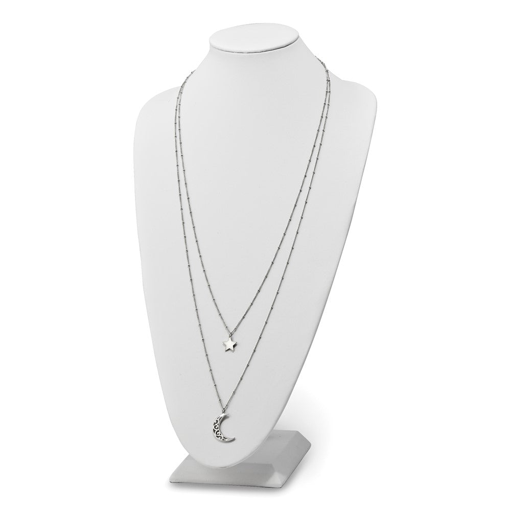 Stainless Steel Polished 2 Strand Beaded Star and Moon 30in Necklace