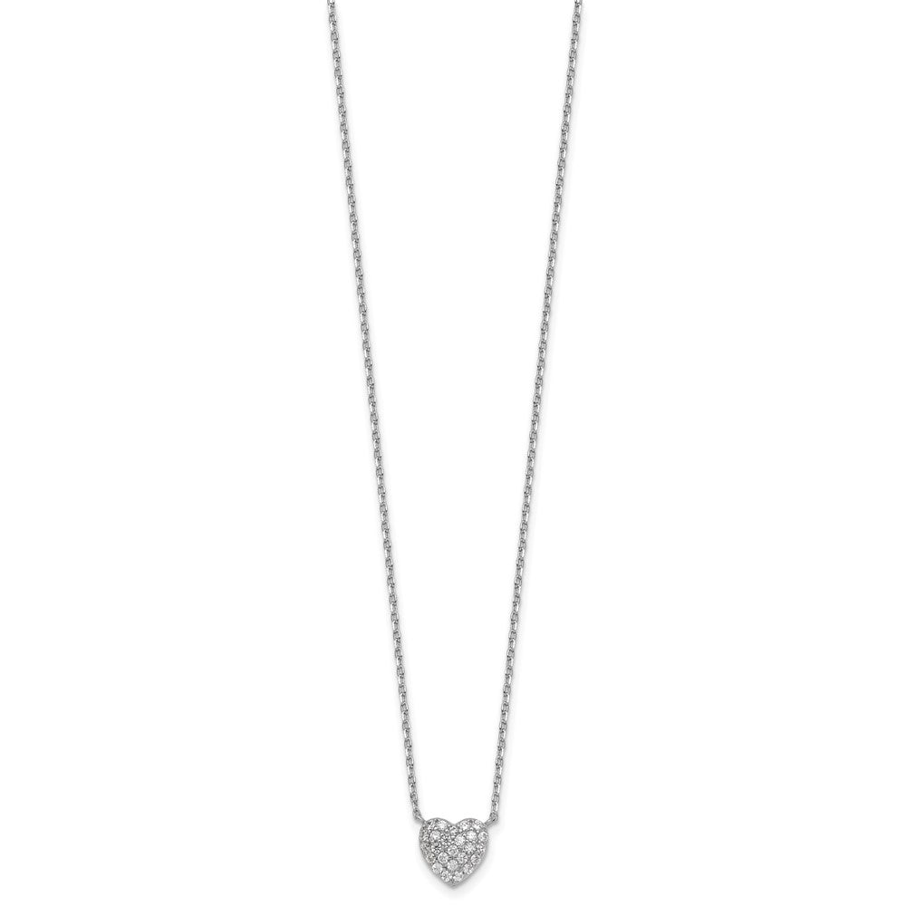 Sterling Silver Rhodium-plated Polished Pave CZ Heart 16 Inch with 2 Inch Extension Necklace 16 Inches