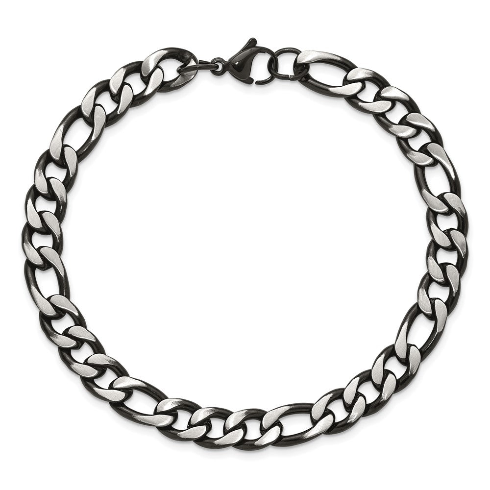 Chisel Stainless Steel Brushed and Polished Black IP-plated 7.5mm 9 inch Figaro Chain Bracelet 9 inches