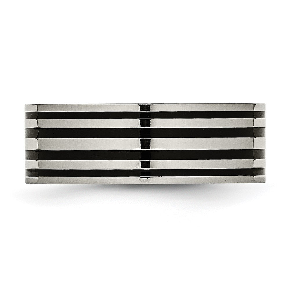 Titanium Polished Black Enamel Striped 8mm Flat Band Size - 6