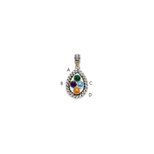 Sterling Silver Antiqued w/14k 4-stone w/Diamond Mothers Pendant Semi-Mount