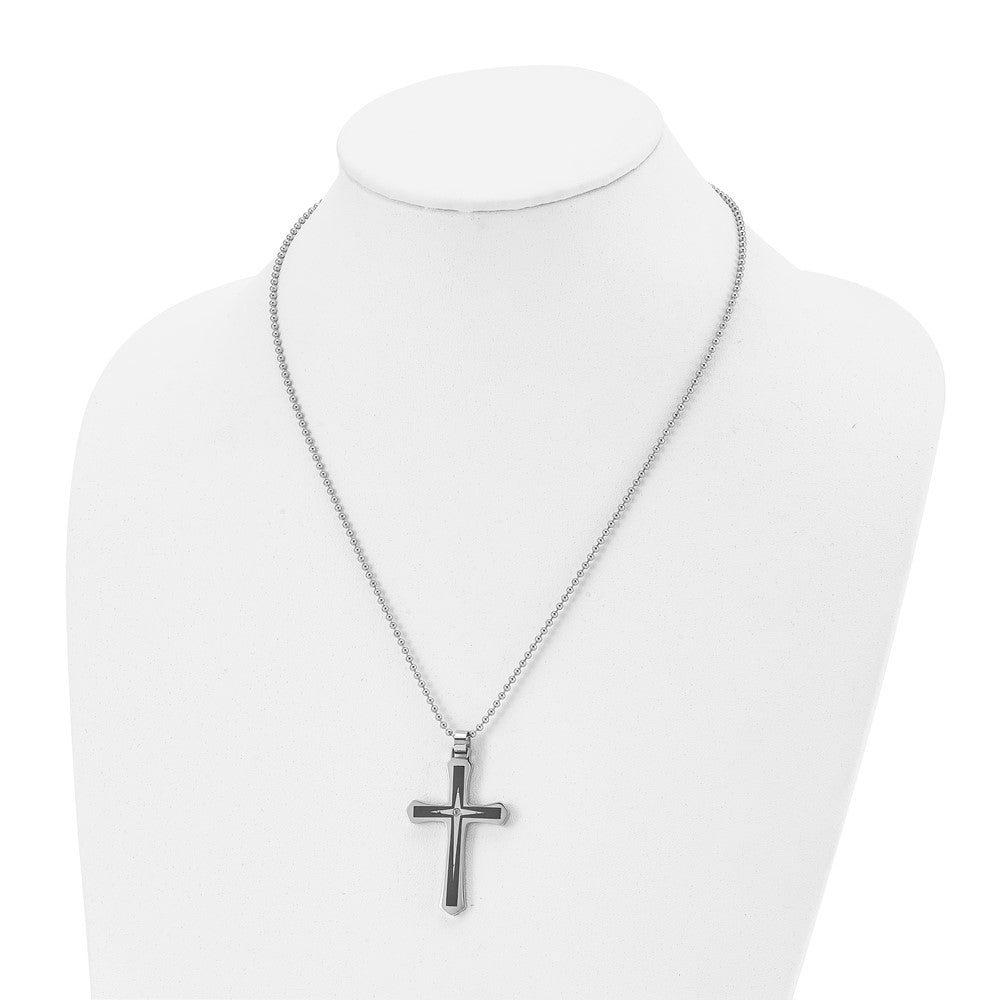 Stainless Steel Brushed and Polished Black IP CZ Cross Necklace