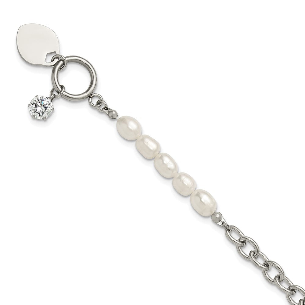 Chisel Stainless Steel Polished with Half White Freshwater Cultured Pearl and CZ Heart Dangle 8.25 inch Bracelet 8.25 inches