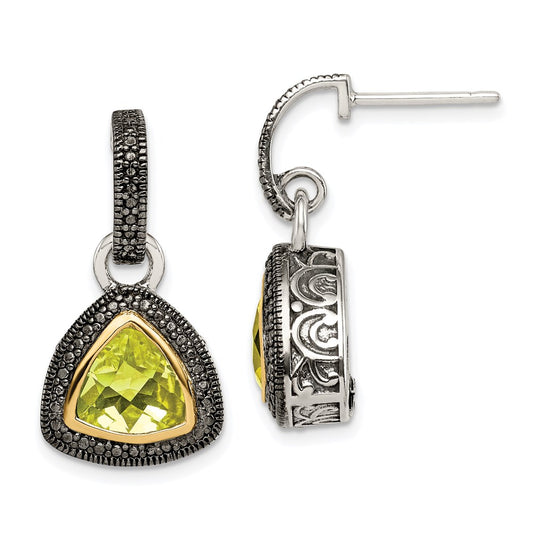 Shey Couture Sterling Silver with 14K Accent Antiqued Trillion Bezel Lemon Quartz Dangle Earrings
