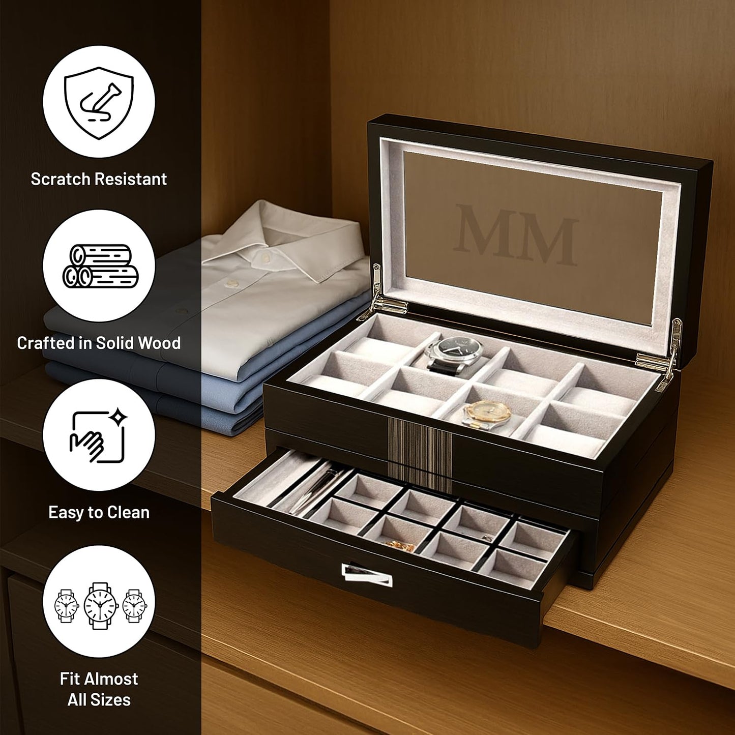 High Gloss Lacquered Wenge Wood Finish Glass Lid 1-Drawer Velour Lined 8-Watch, Cuff Link, and Pen Case GM8736