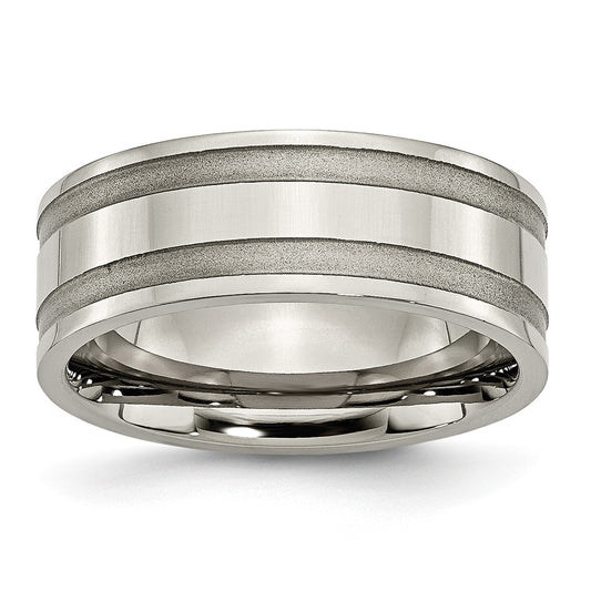 Titanium Brushed and Polished 8mm Grooved Band Size - 8.5