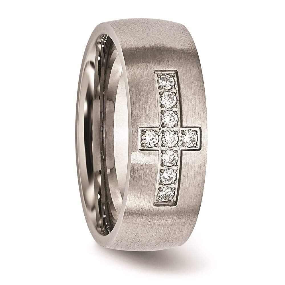 Stainless Steel Brushed w/CZ Cross 7.75mm Band Size - 10