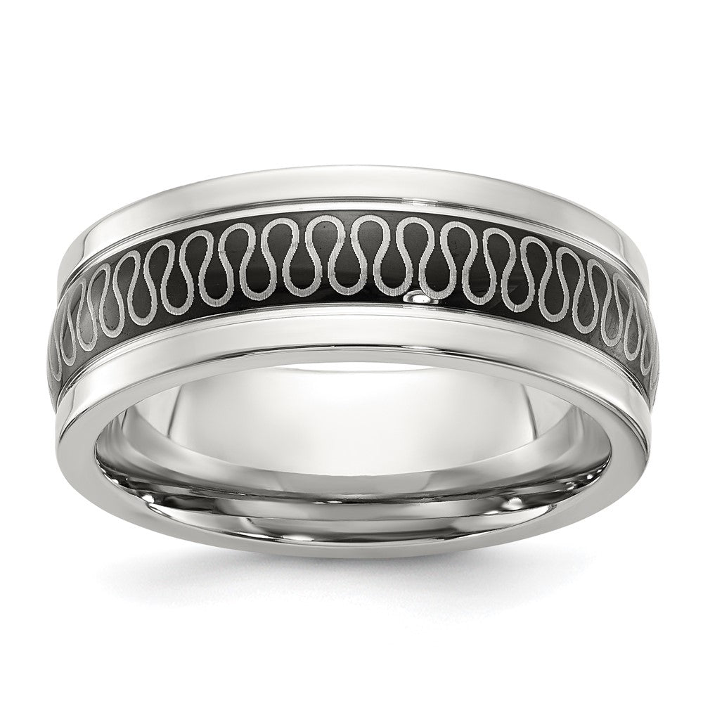 Stainless Steel Polished Black IP-plated Swirl Pattern 8mm Band Size - 13