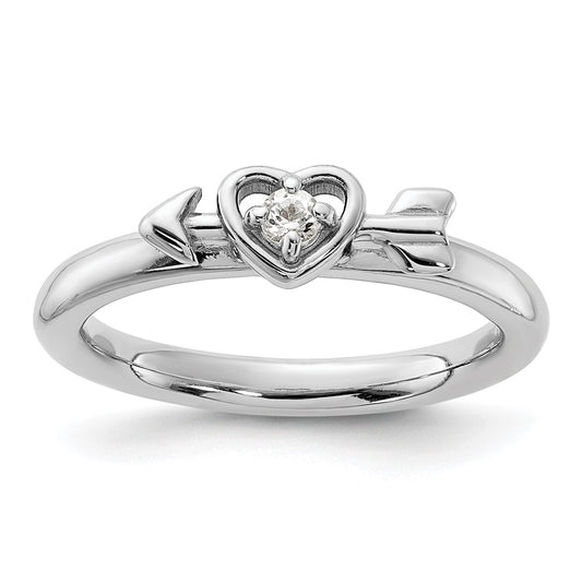 Sterling Silver Stackable Expressions Rhodium-plated White Topaz Heart with Arrow Ring Size -8