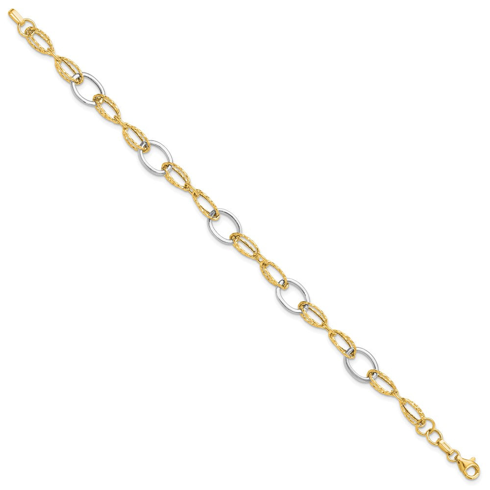 14K Two-tone Polished and Textured Fancy Link Bracelet 7.5  inches