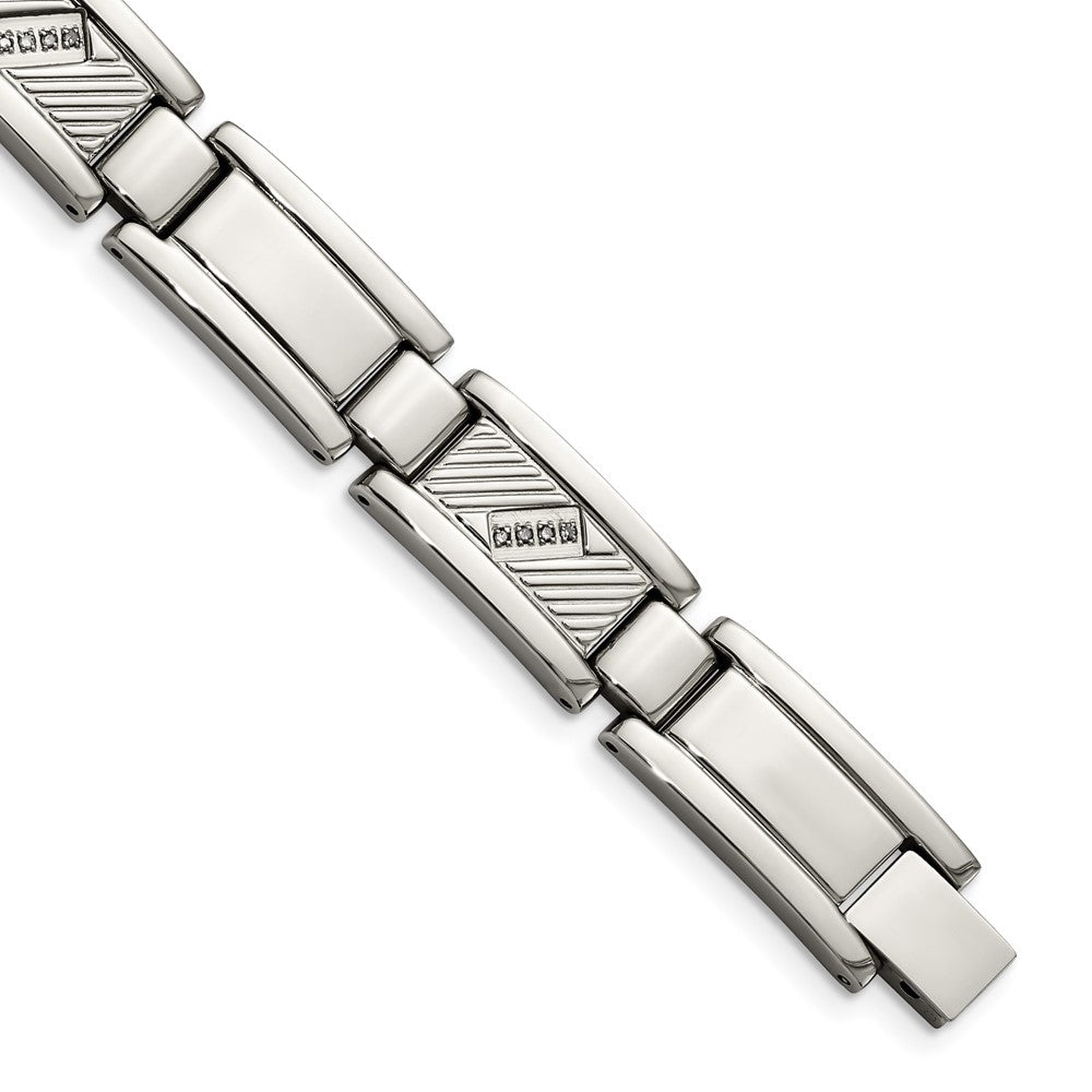 Stainless Steel Polished and Textured w/Diamonds 8.5in Bracelet 8.5 inches