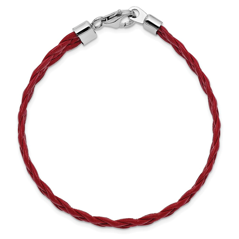 Sterling Silver Rhodium Plated Red Braided Leather 7 inch Bracelet 7 inches