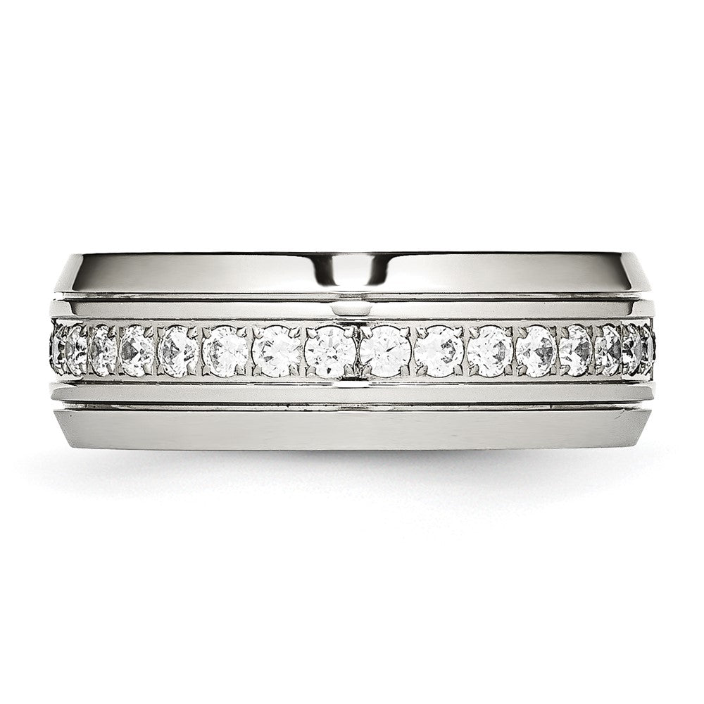 Stainless Steel Polished and Grooved w/CZ 8mm Half Round Band Size - 8
