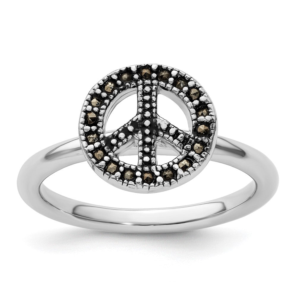 Sterling Silver Stackable Expressions Marcasite Peace Sign Ring Size -10