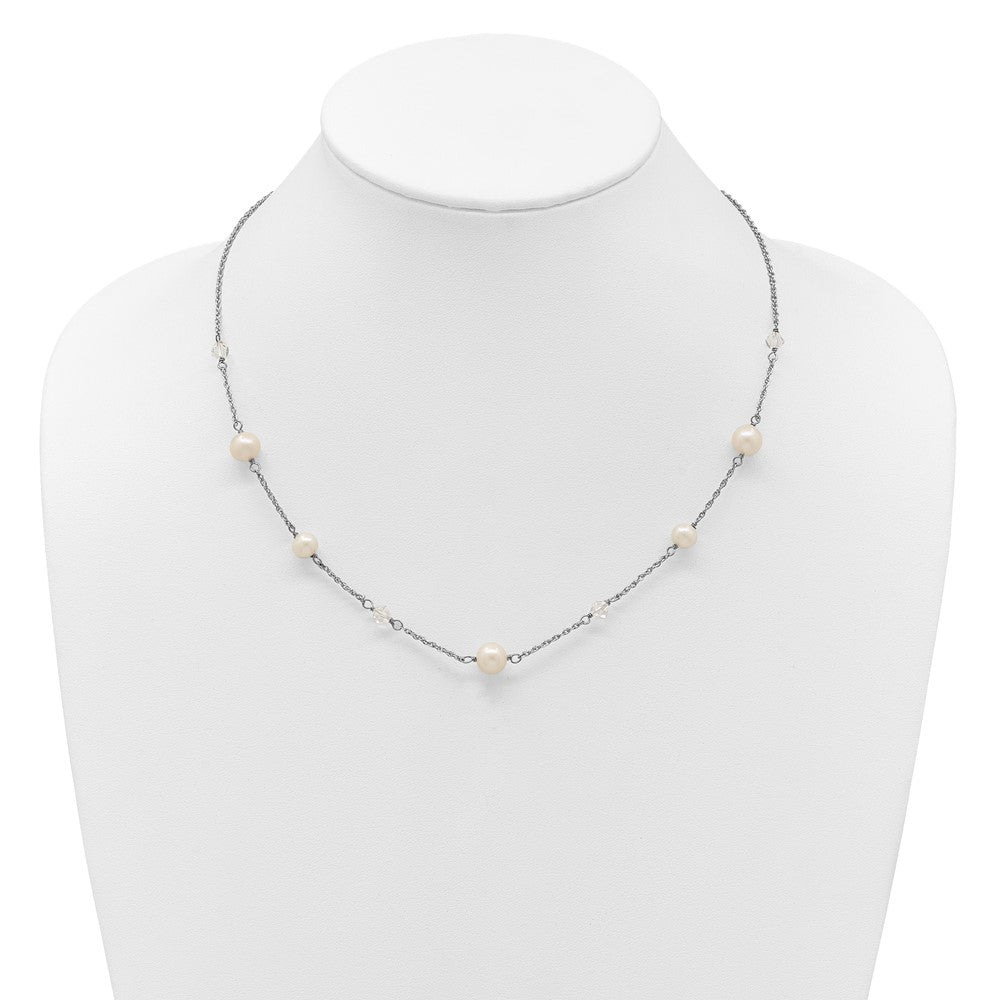 Sterling Silver Rhodium-plated 6-10mm White Near-Round Freshwater Cultured Pearl and Glass 5-Station 17.5 inch with 2.5 inch Extension Necklace 17.5 Inches