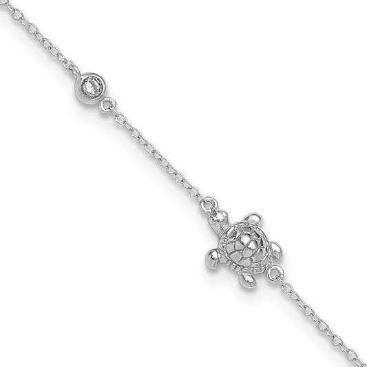 Sterling Silver Rhodium-plated Polished CZ Turtle 9 inch with a 2 inch extention Anklet 9 inches