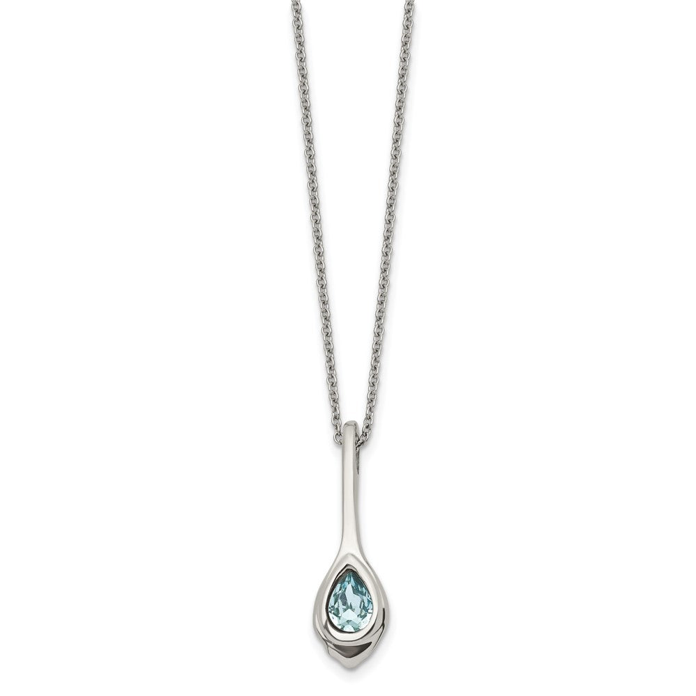 Stainless Steel Polished w/Blue Glass Teardrop 17.75 in w/2in ext Necklace