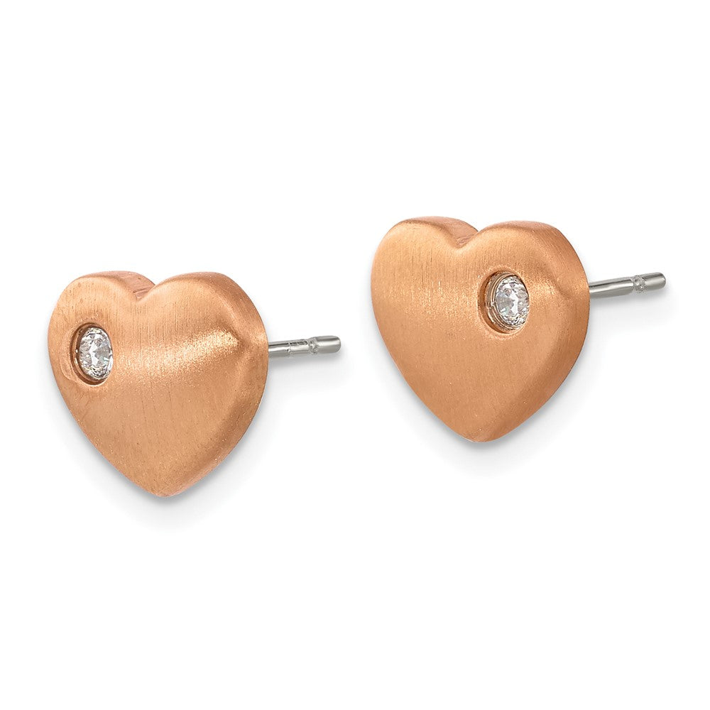 Titanium Brushed Rose IP-plated with CZ Heart Post Earrings