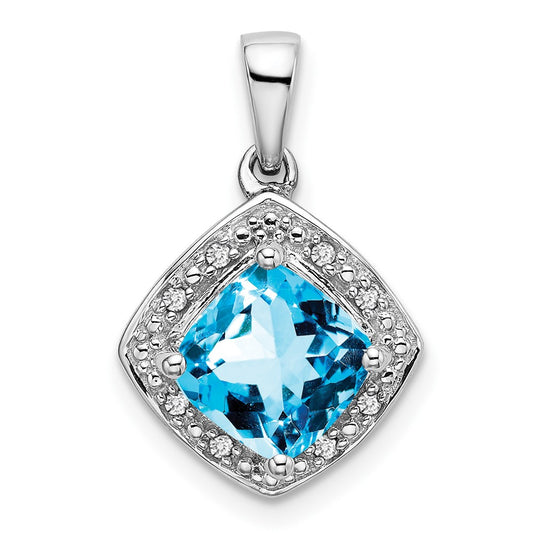 14k White Gold Cushion Blue Topaz and Diamond Pendant
