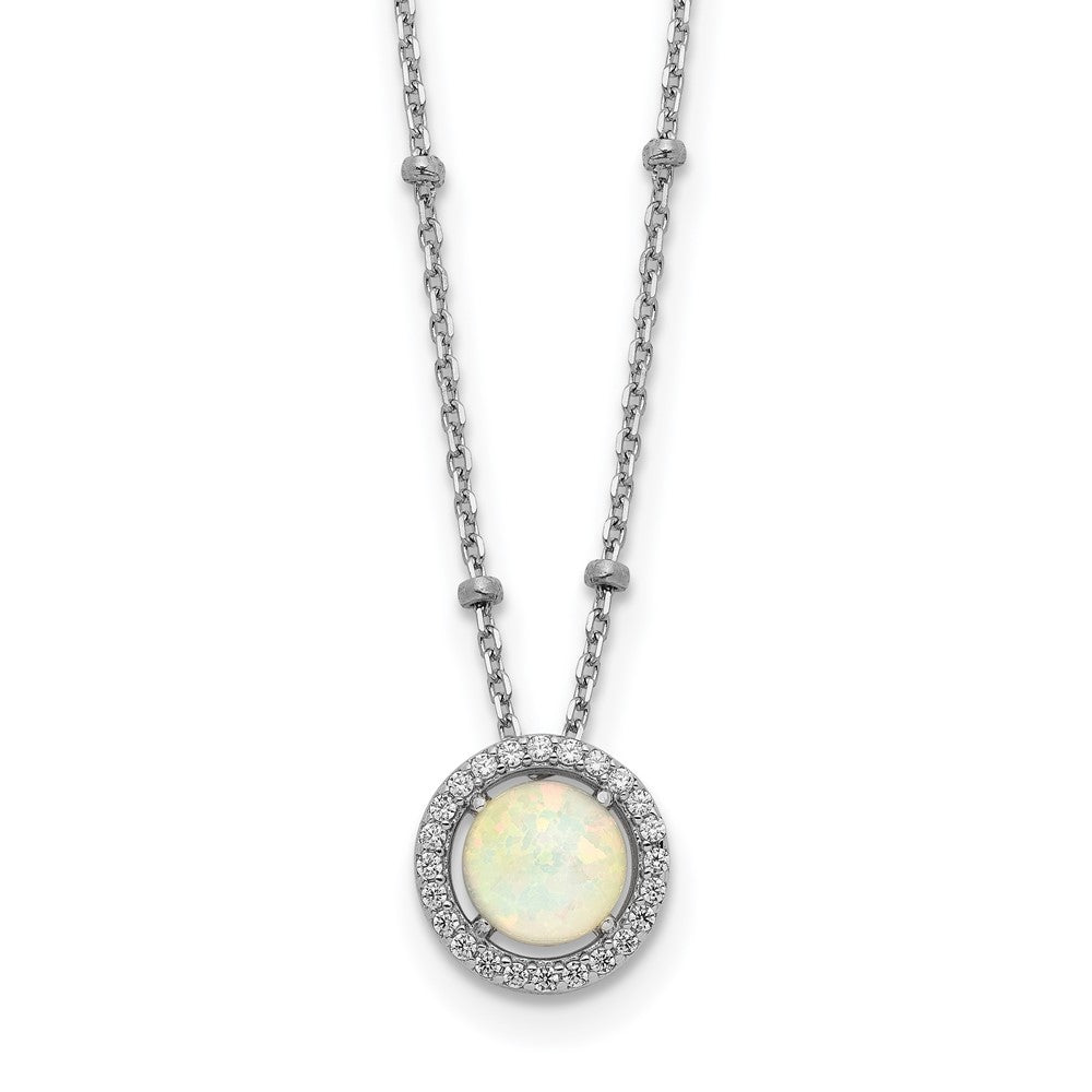 Sterling Silver RH-plated White Created Opal CZ Beaded w/2 in ext. Necklace 16 Inches