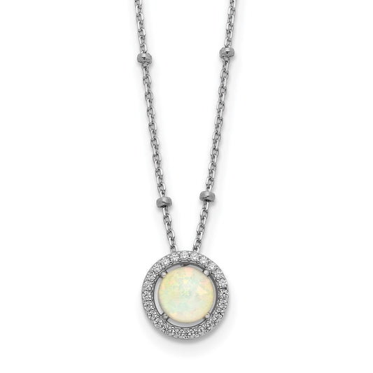 Sterling Silver RH-plated White Created Opal CZ Beaded w/2 in ext. Necklace 16 Inches